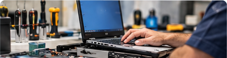 Técnico trabalhando em um notebook na bancada de assistência